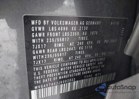 2018 Volkswagen Tiguan Limited 2.0T из США, поврежденный, VIN WVGAV7AX2JK002022